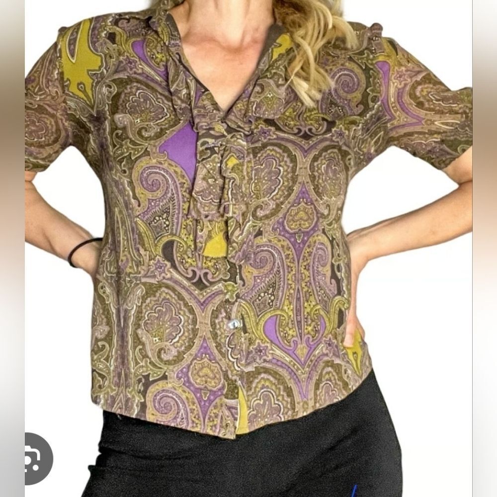 Jones New York 12 Brown Purple 100% SILK Ruffles Parsley Buttons Up Women Blouse